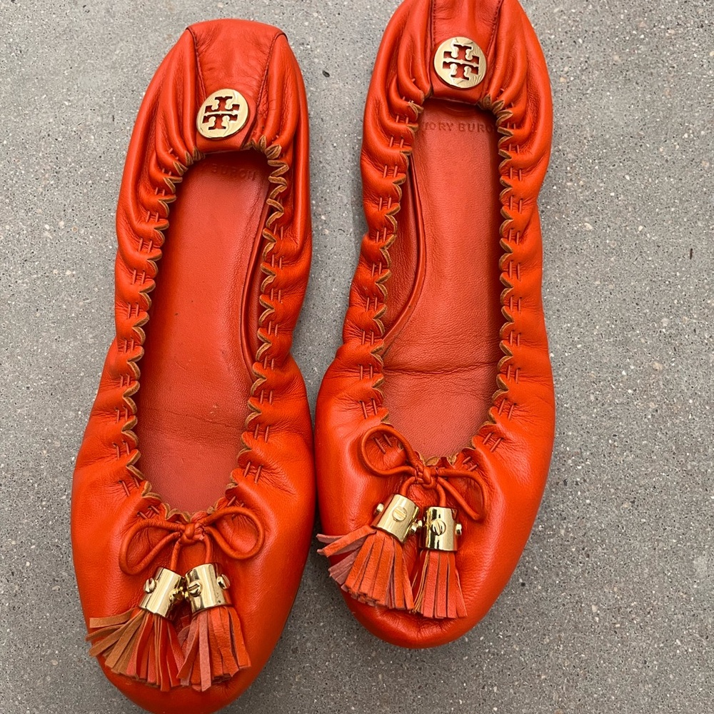 Tory Burch Orange Tassel Leather Flats